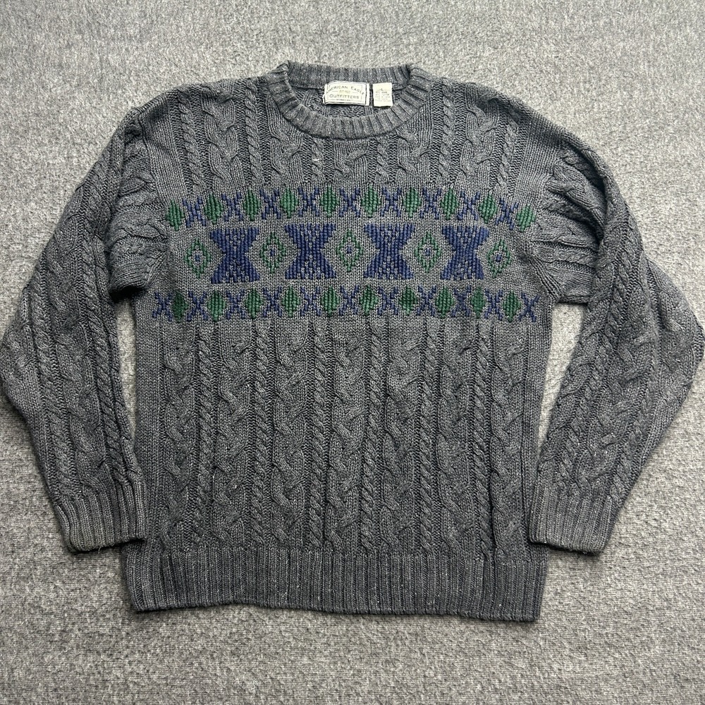 American Eagle Sweater Mens‎ Large Y2K Gray Cable Knit Nordic Pullover Vintage